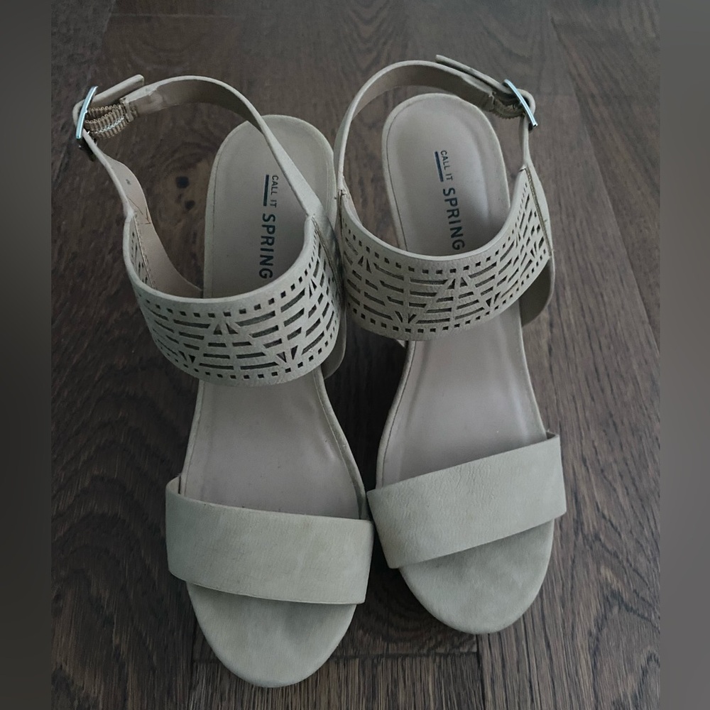 Call It Spring Beige Cutout Wedge Sandals - Picture 4 of 5